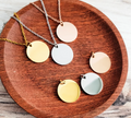 "25mm disc pendant necklace in gold, silver, and rose gold stainless steel, ready for engraving"
