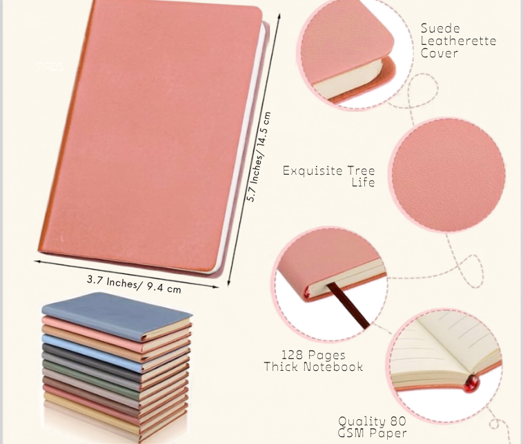 A notebook shown with dimension callouts and feature callouts on a light beige background. The notebook has a dusty pink cover, and the image includes a stack of multicolored notebooks and circular inset details highlighting the suede leatherette cover, quilted thread edge, and 120-page thick notebook paper.