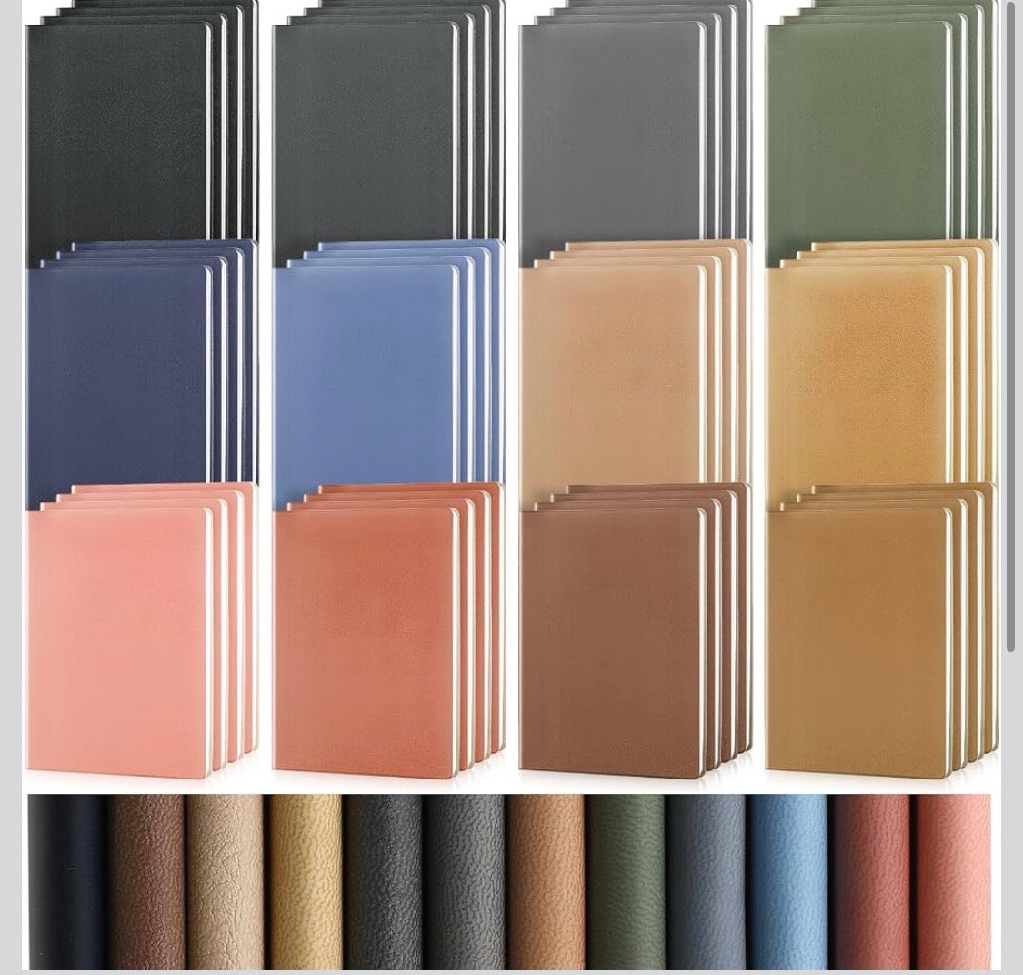 A grid of stacked leather or faux-leather swatch samples in multiple colors, including black, gray, green, blue, beige, peach, brown, tan, and a bottom row of close-up texture swatches.