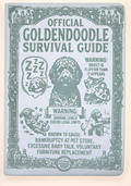 An official Goldendoodle survival guide booklet with a vintage-style teal illustration of a Goldendoodle dog and humorous warning labels, photographed flat on a light beige background.