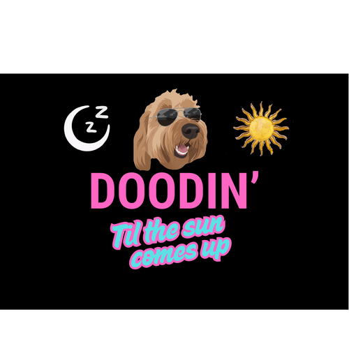 Doodin Til The Sun Comes Up funny Goldendoodle vinyl sticker pink teal retro design