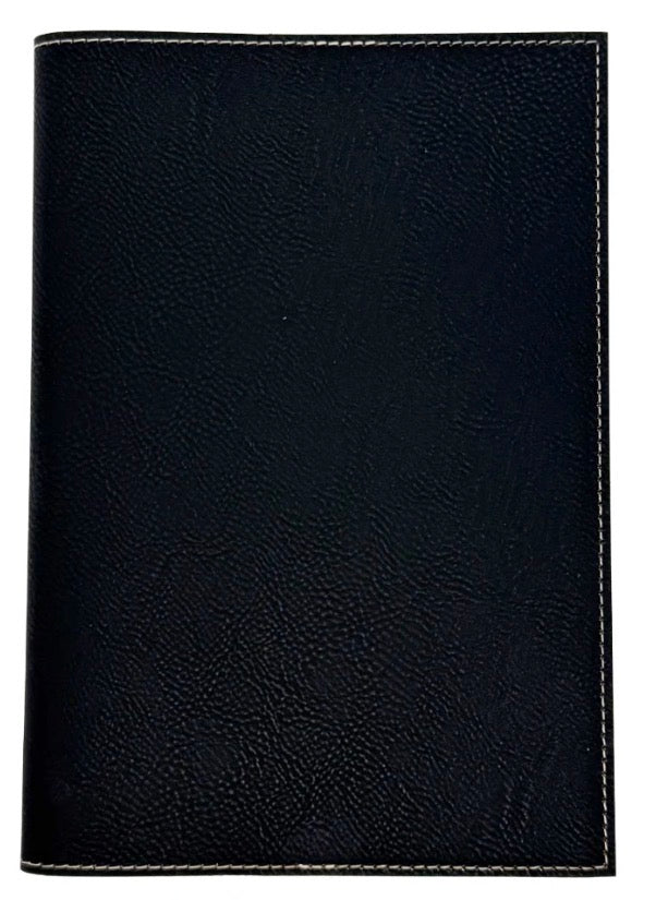 A black textured faux-leather sleeve or cover with light-colored stitching along the edges, shown against a plain white background.