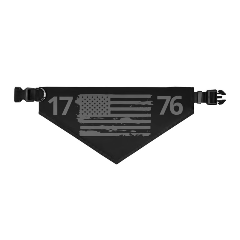 Black patriotic dog bandana featuring a distressed American flag and 1776 design, adjustable USA dog scarf for Goldendoodles, Labradoodles, and patriotic pet lovers.
