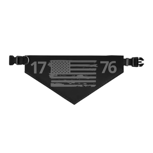 Black patriotic dog bandana featuring a distressed American flag and 1776 design, adjustable USA dog scarf for Goldendoodles, Labradoodles, and patriotic pet lovers.
