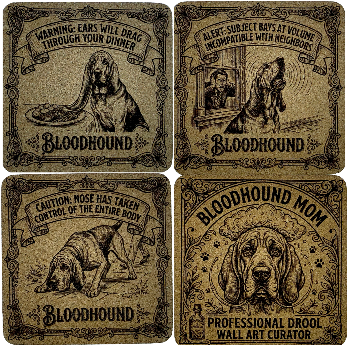 Funny Bloodhound Cork Coasters | Engraved Vintage-Style Dog Coasters | Bloodhound Owner Gift