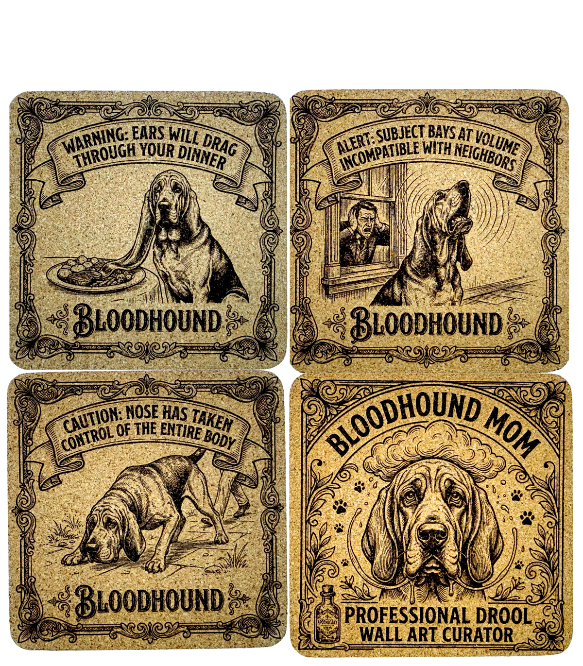 Funny Bloodhound Cork Coasters | Engraved Vintage-Style Dog Coasters | Bloodhound Owner Gift