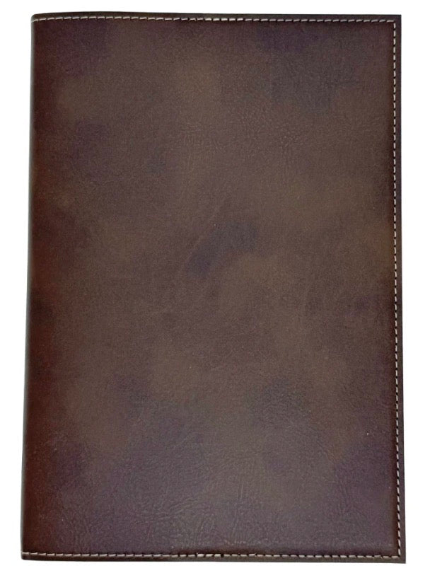 A dark brown leather notebook cover or folio with visible stitching along the edges, shown against a plain white background.