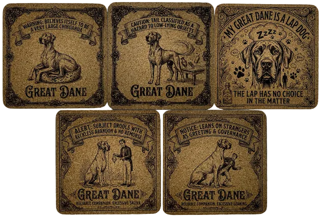 Five vintage-style Great Dane novelty coasters arranged on a dark background. Each coaster features an illustrated Great Dane in different poses with humorous text such as 'My Great Dane is a lap dog' and warning-style labels.