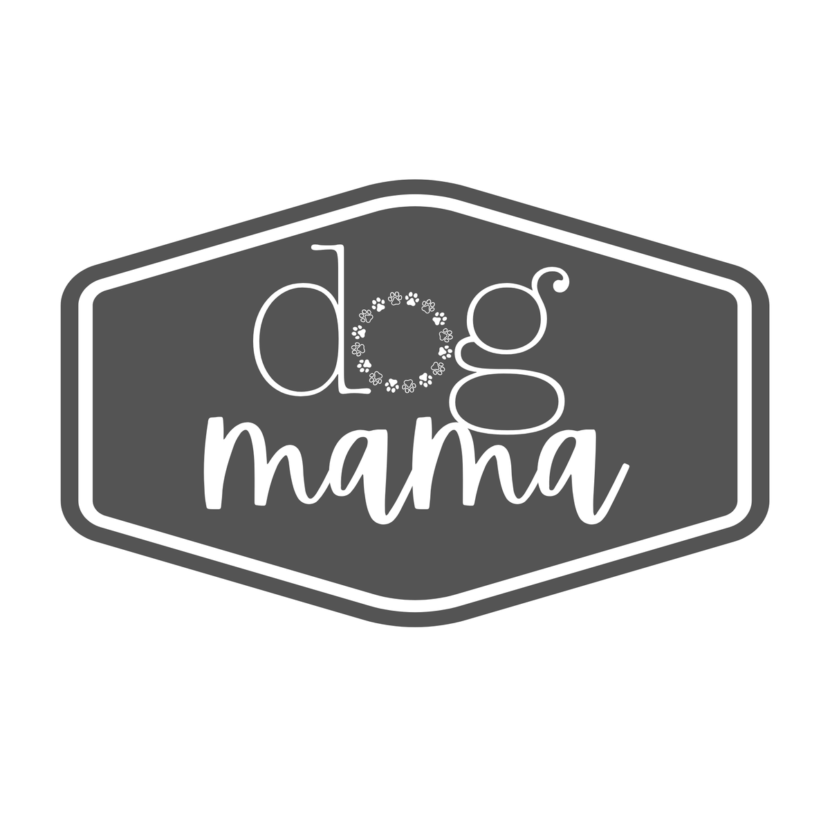 "Dog Mama waterproof UV sticker featuring an elegant hexagon badge design with a paw print wreath and script lettering"