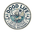 Dood Life coastal outdoors Goldendoodle round vinyl sticker salt sun sand and doods