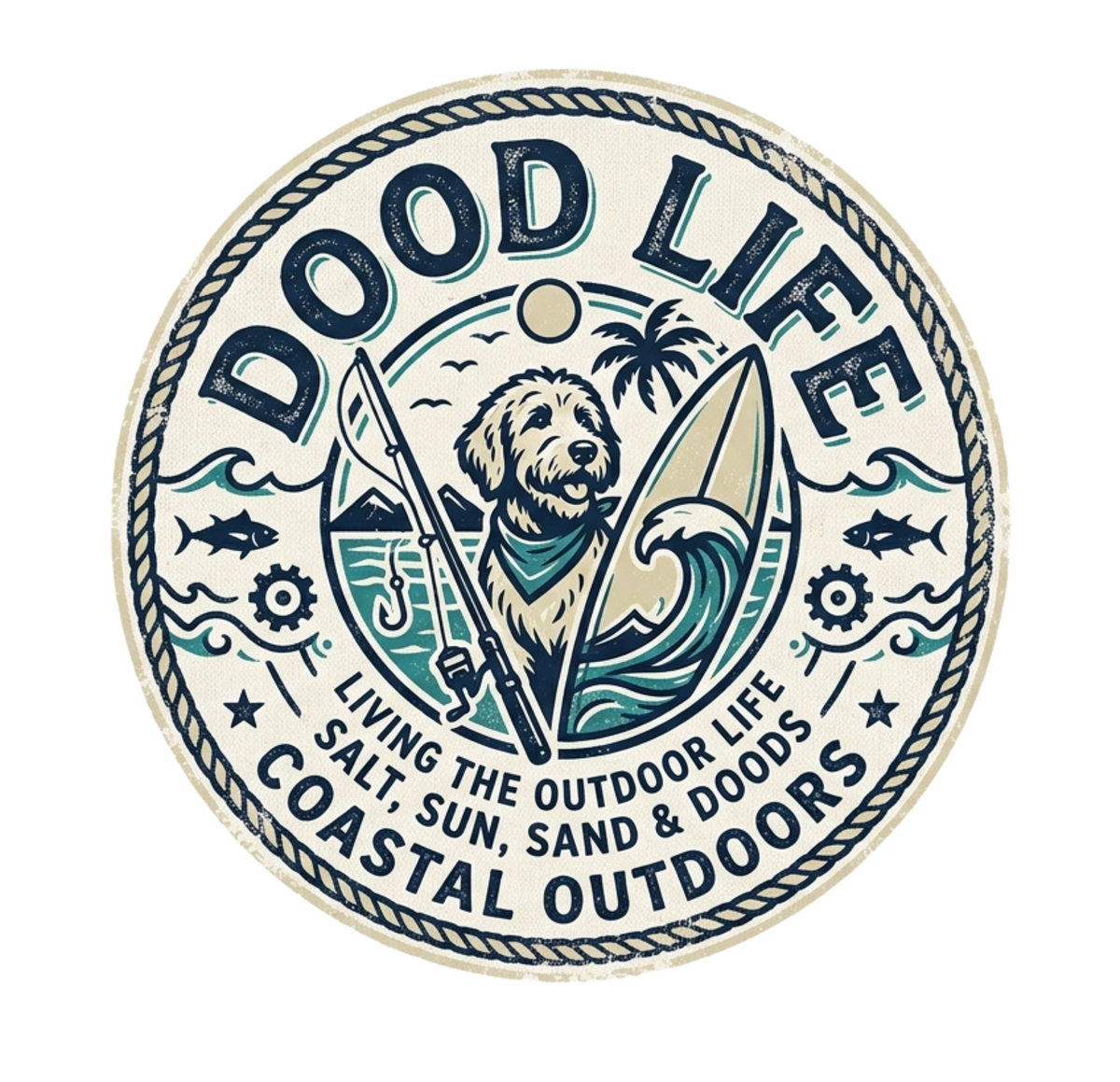 Dood Life coastal outdoors Goldendoodle round vinyl sticker salt sun sand and doods