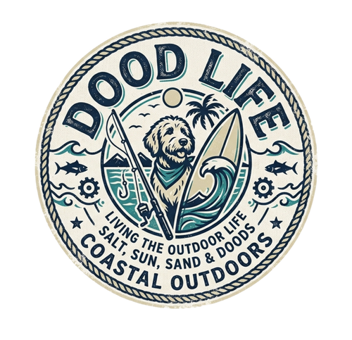 Dood Life coastal outdoors Goldendoodle round vinyl sticker salt sun sand and doods