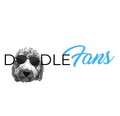"DoodleFans waterproof UV sticker featuring a Goldendoodle wearing sunglasses with blue script lettering"