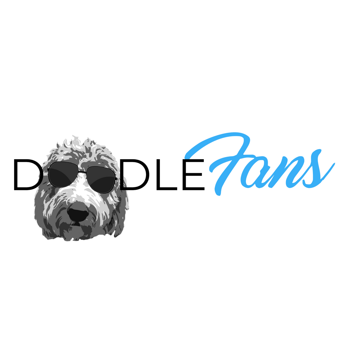 "DoodleFans waterproof UV sticker featuring a Goldendoodle wearing sunglasses with blue script lettering"