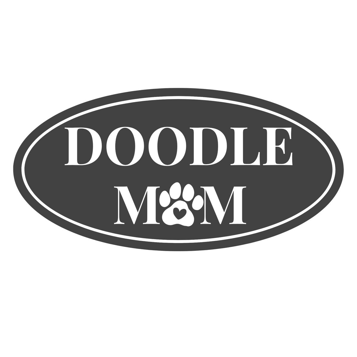 "Doodle Mom waterproof UV sticker featuring a classic Euro-oval design with a heart paw print detail"
