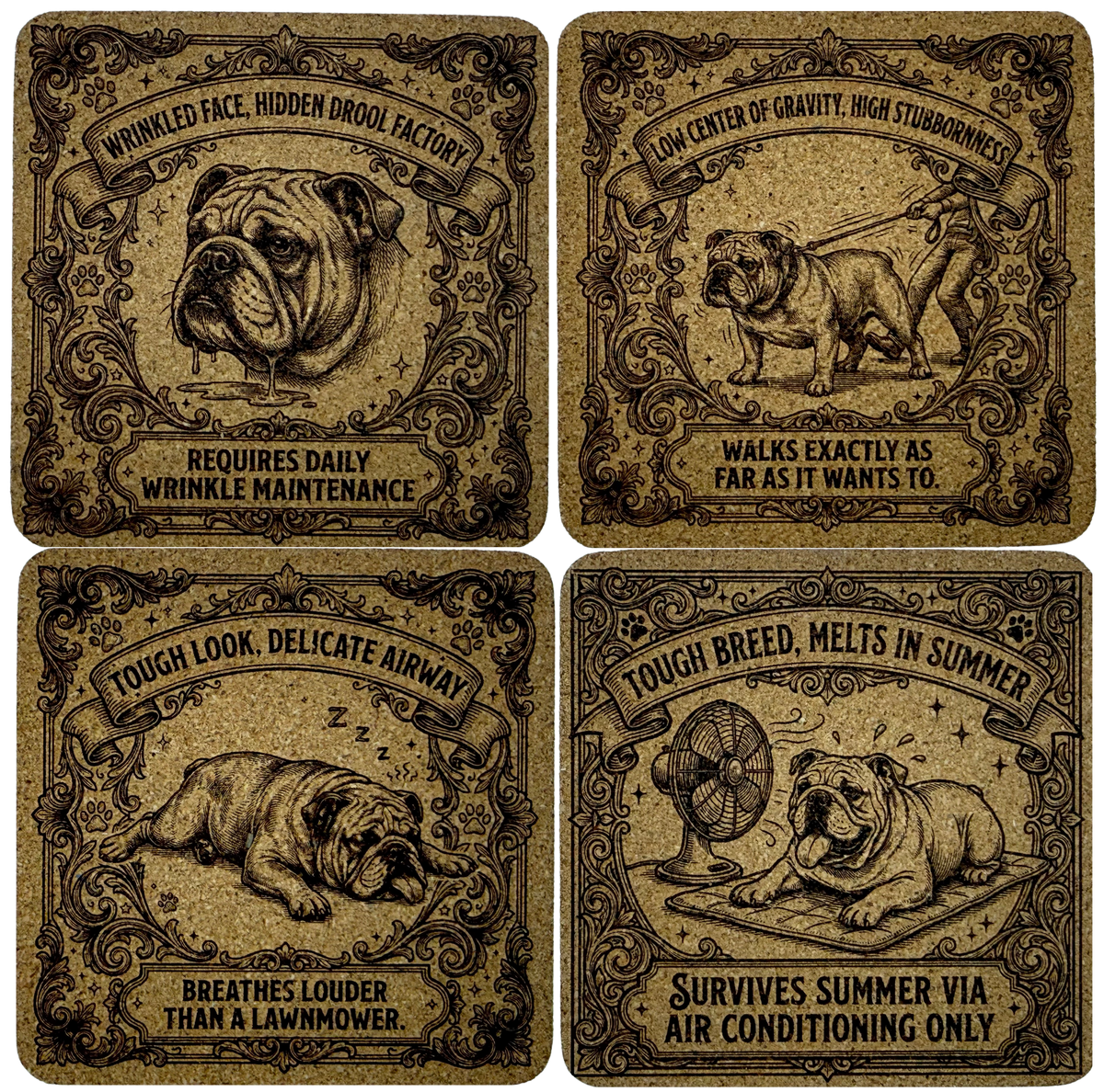 Four square decorative coasters arranged in a 2x2 grid on a plain white background. Each coaster has an ornate vintage-style label design in dark brown and tan tones, featuring an illustration of a bulldog and text related to dog care and summer relief.