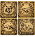 Four square decorative coasters arranged in a 2x2 grid on a white background. Each coaster has a vintage-style sepia illustration of a bulldog with humorous text and ornate border details.