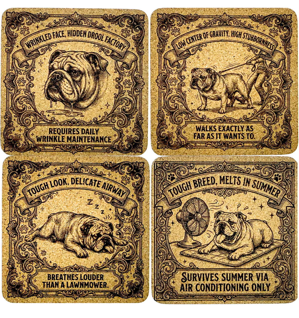 Four square decorative coasters arranged in a 2x2 grid on a white background. Each coaster has a vintage-style sepia illustration of a bulldog with humorous text and ornate border details.