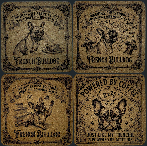 Four square decorative coasters or tiles featuring vintage-style French Bulldog illustrations and humorous text, arranged in a 2x2 grid on a dark background.