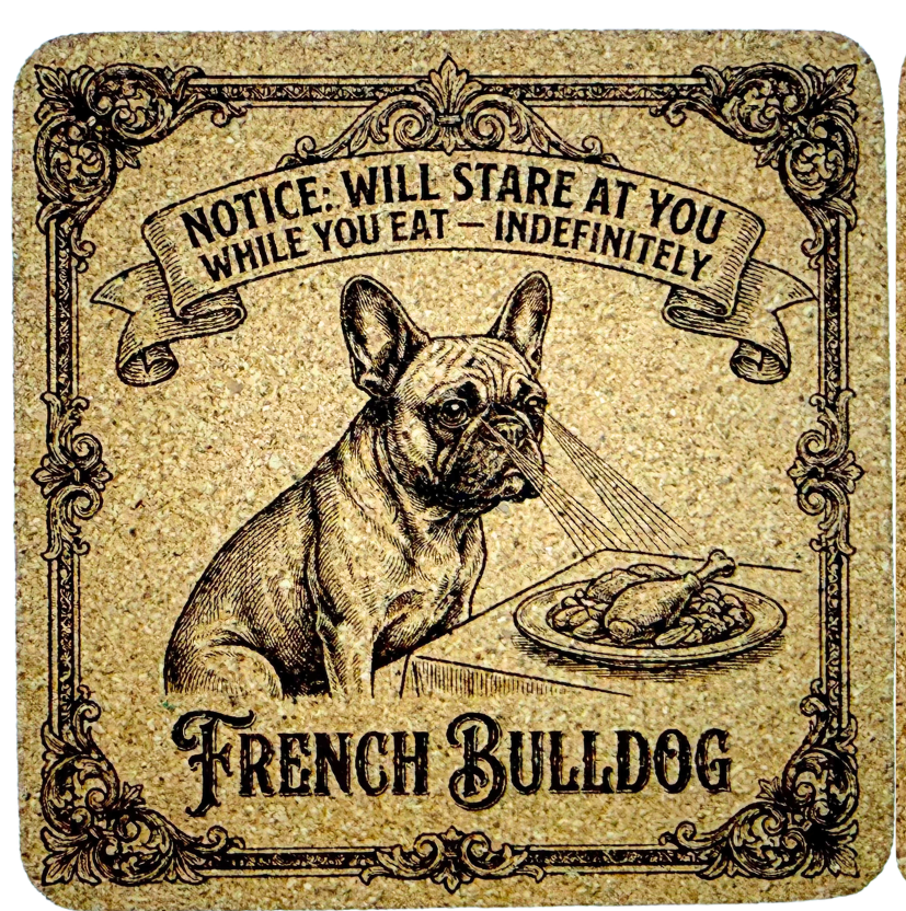 A square cork coaster with rounded corners featuring a vintage-style illustration of a French Bulldog next to a plate of food. The design includes an ornate border, a banner reading 'NOTICE: WILL STARE AT YOU WHILE YOU EAT - INDEFINITELY', and the words 'FRENCH BULLDOG' at the bottom.