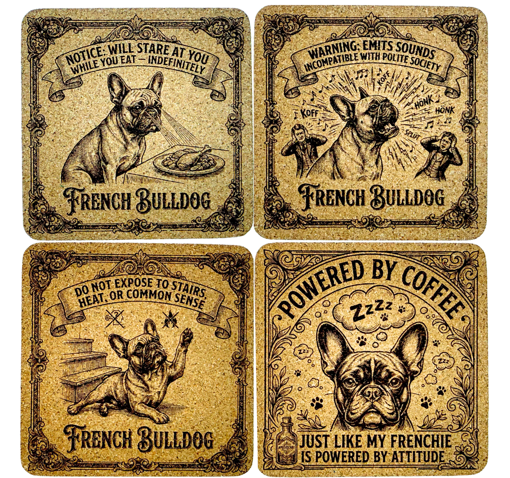 Funny French Bulldog Cork Coasters | Engraved Vintage-Style Dog Coasters | Frenchie Owner Gift