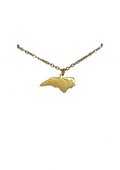 A gold necklace with a pendant shaped like the state of North Carolina, displayed on a white card hanger against a white background.