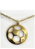 A gold soccer ball pendant necklace with a cutout design, hanging from a gold link chain against a white background.