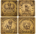 Four square decorative coasters arranged in a 2x2 grid on a white background. Each coaster has an ornate vintage-style gold and brown design with a dog portrait, decorative border, and humorous pet-owner text such as 'Certified Grooming Technician' and 'Half Designer Dog, Half Financial Decision You Make!'.