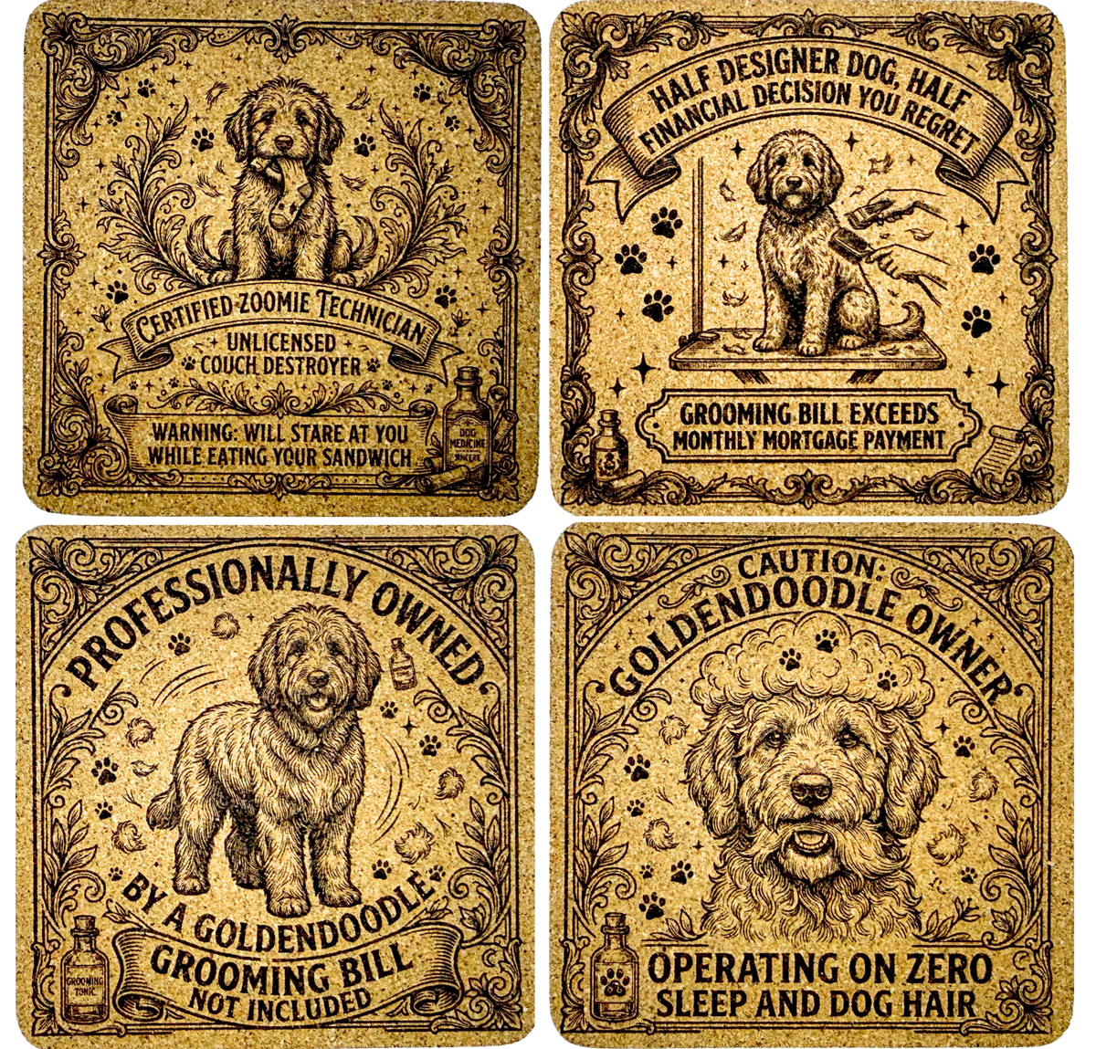 Four square decorative coasters arranged in a 2x2 grid on a white background. Each coaster has an ornate vintage-style gold and brown design with a dog portrait, decorative border, and humorous pet-owner text such as 'Certified Grooming Technician' and 'Half Designer Dog, Half Financial Decision You Make!'.