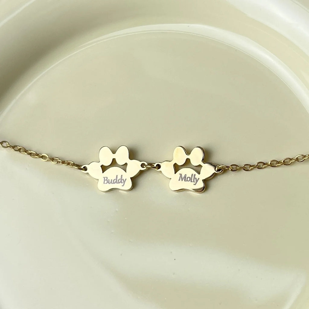 Double Dog Paw Charm Bracelet — Stainless Steel, Gold or Silver