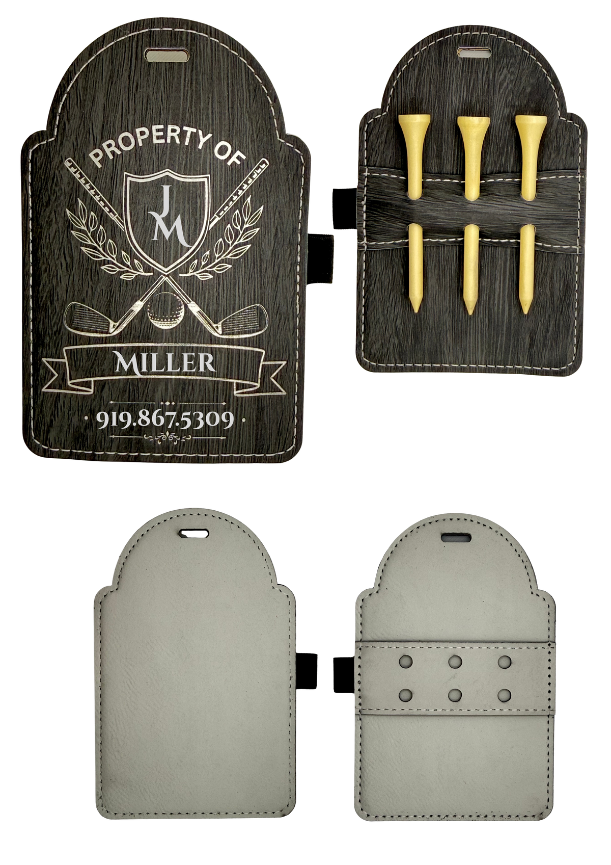 Personalized Golf Bag Tag with Tee Holder, Custom Engraved Leatherette, Gift for Golfers