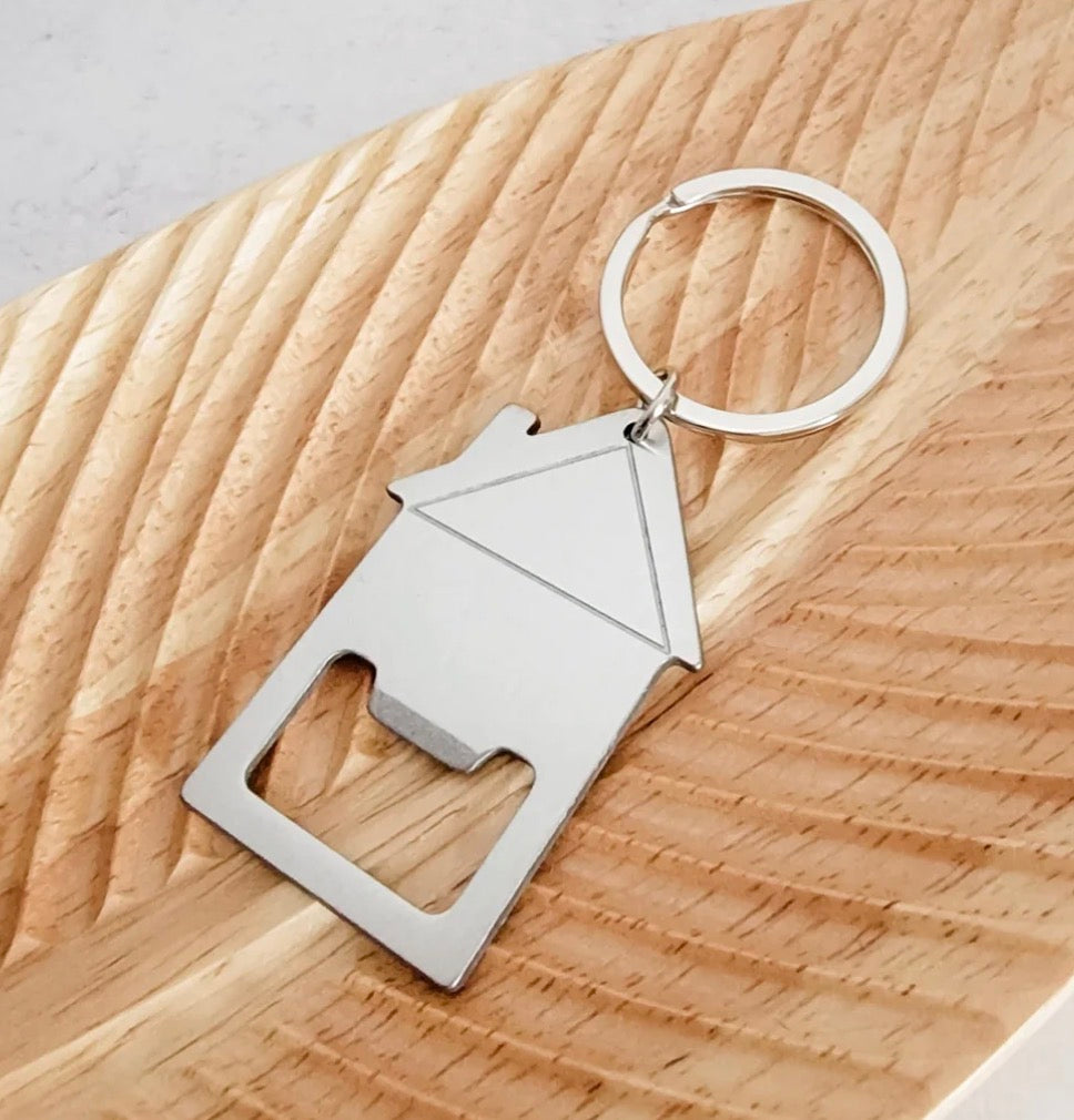  "House-shaped stainless steel bottle opener keychain with keyring"
