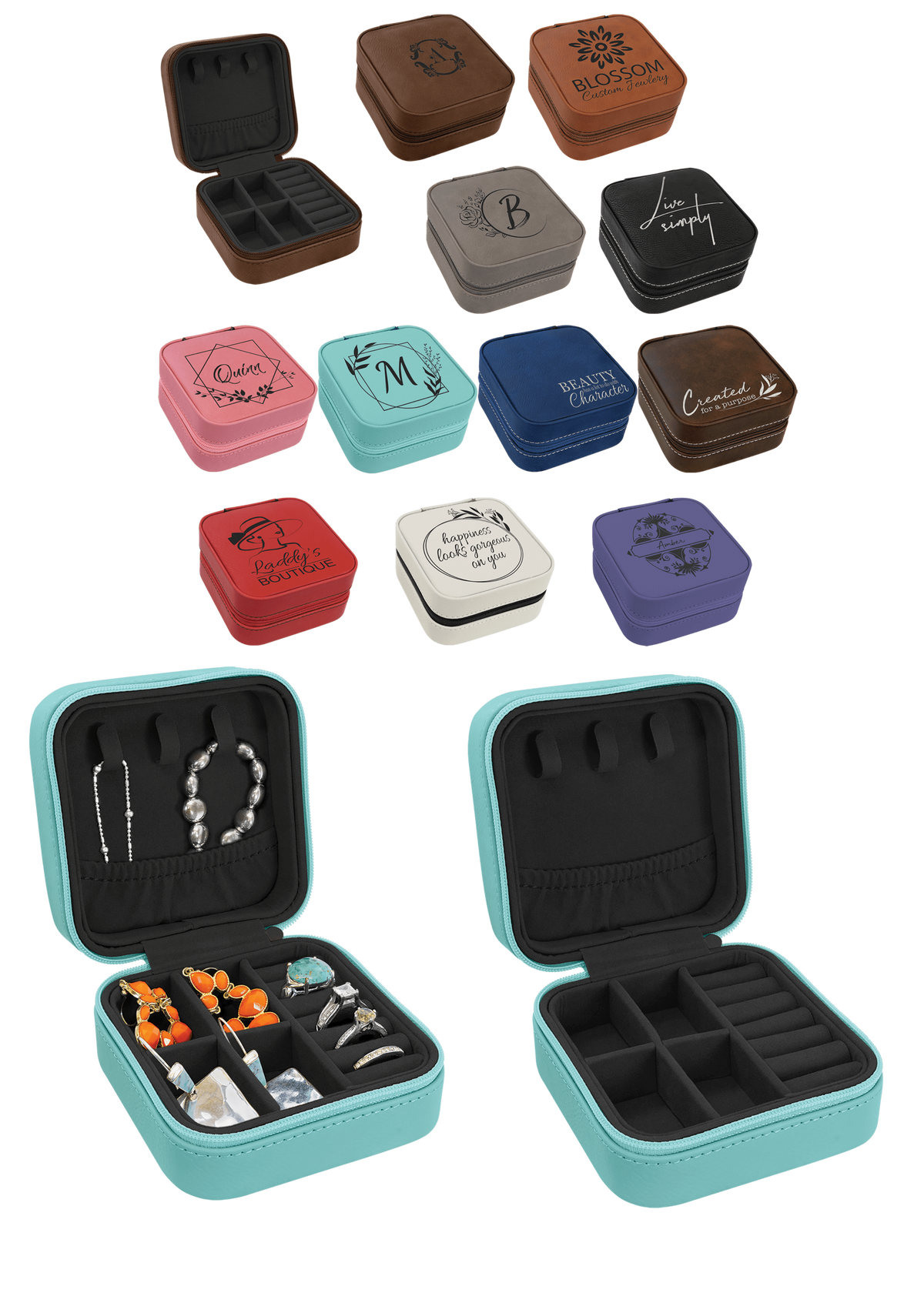 A set of small square jewelry boxes shown in multiple colors, with several closed and two open to display interior compartments and jewelry storage. The boxes feature a faux leather exterior and black lined interiors, with some printed monogram or script designs on the lids.