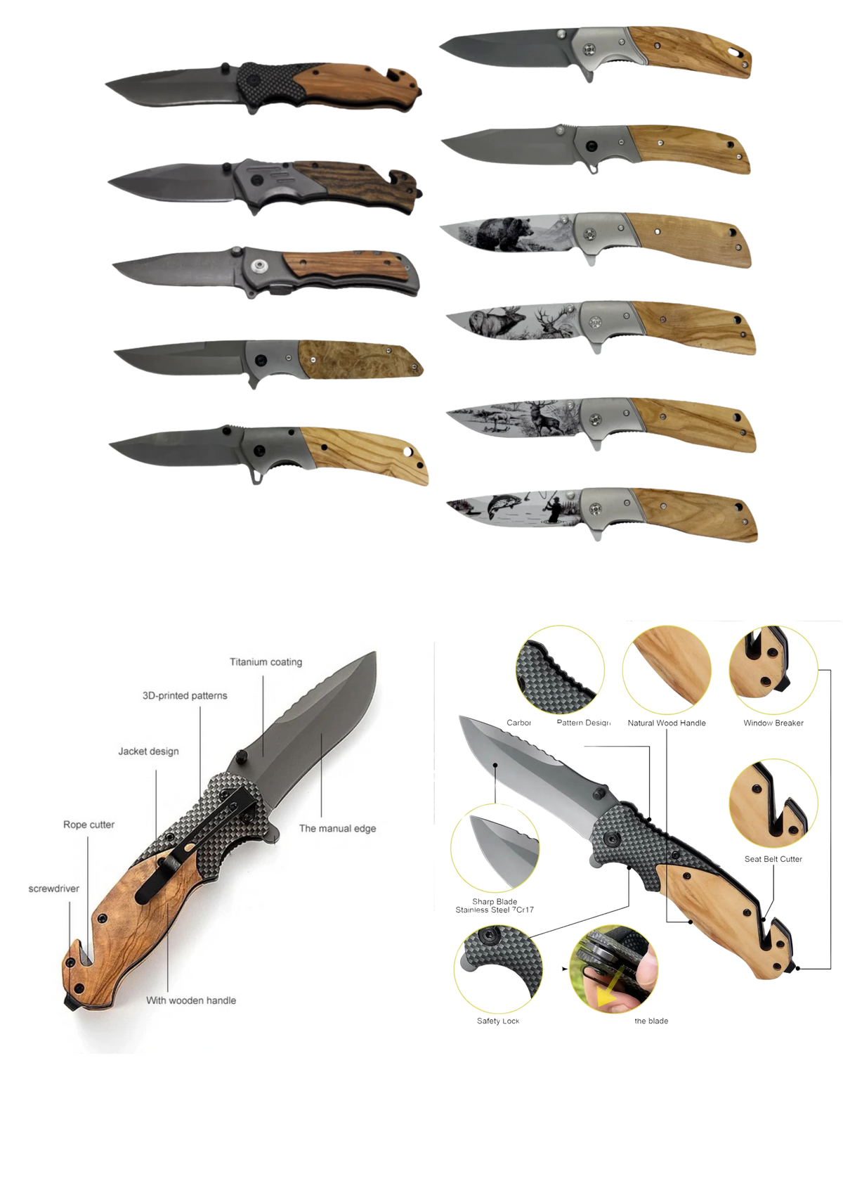 Wood Handle Folding Pocket Knife, Titanium-Coated Blade with Window Breaker & Seat Belt Cutter, Gift for Outdoorsmen