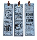 Three decorative hanging bookmarks with brown leather loops, shown against a plain white background. The bookmarks have a vintage illustrated design in pale blue-gray with black text and drawings, featuring phrases like 'Emotionally Attached to Fictional Characters' and 'I Read Past My Bedtime.