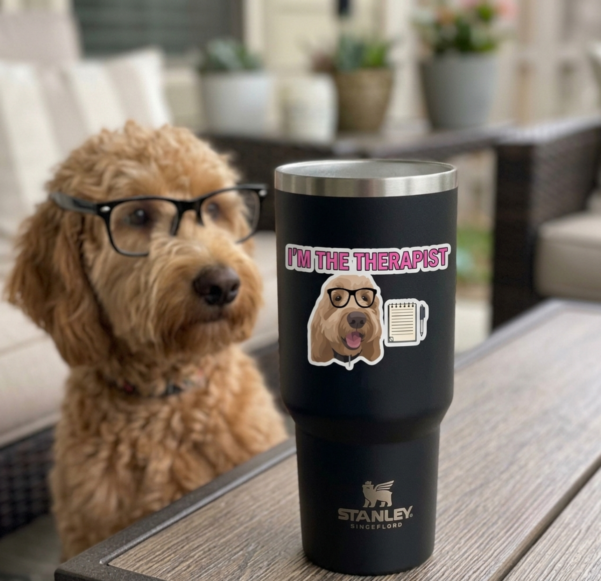 Funny Goldendoodle therapist sticker — bold pink design with glasses & notepad. Waterproof vinyl. Perfect for water bottles, laptops & dog lovers.
