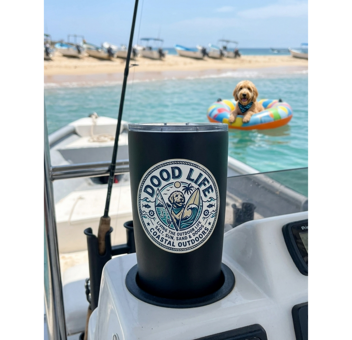 Dood Life coastal sticker on black tumbler on a boat