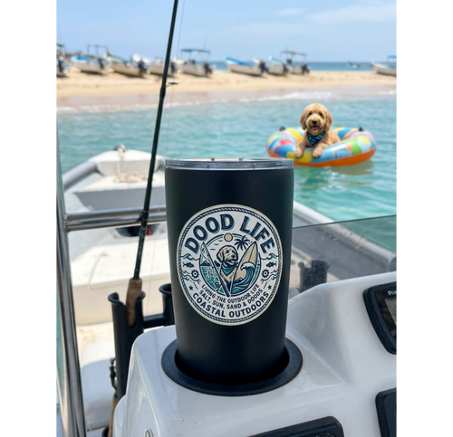 Dood Life coastal sticker on black tumbler on a boat