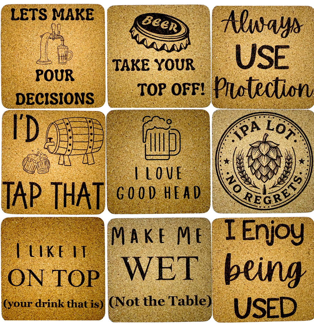 A 3x3 grid of square tan cork-like coasters with black printed beer-themed sayings and small illustrations, including phrases such as 'Lets make pour decisions,' 'Take your top off!,' 'I love good head,' and 'I enjoy being used.'.