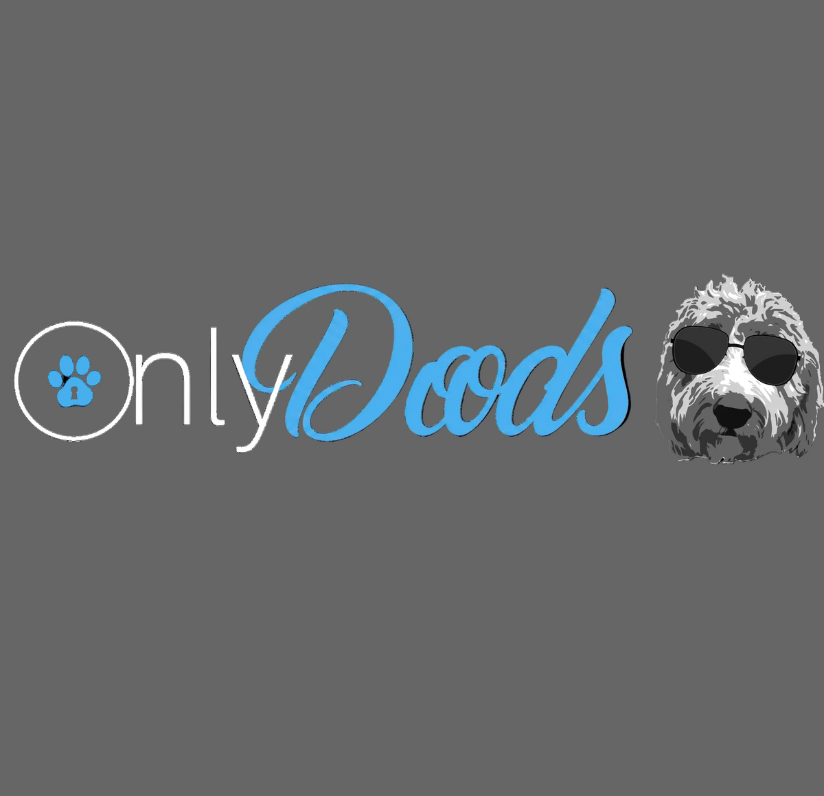 Funny "OnlyDoods" sticker featuring blue script lettering and a doodle dog wearing sunglasses. Perfect decal for Goldendoodle, Labradoodle, and doodle dog lovers to display on laptops, water bottles, cars, and notebooks.