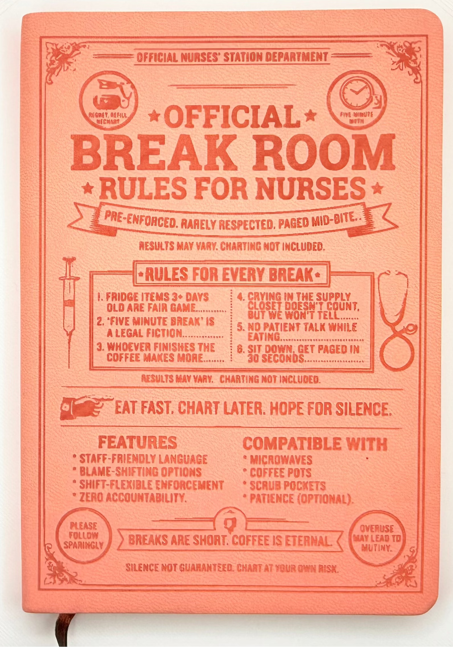 A pink notebook with a retro-style 'Official Break Room Rules for Nurses' print, shown on a plain white background.
