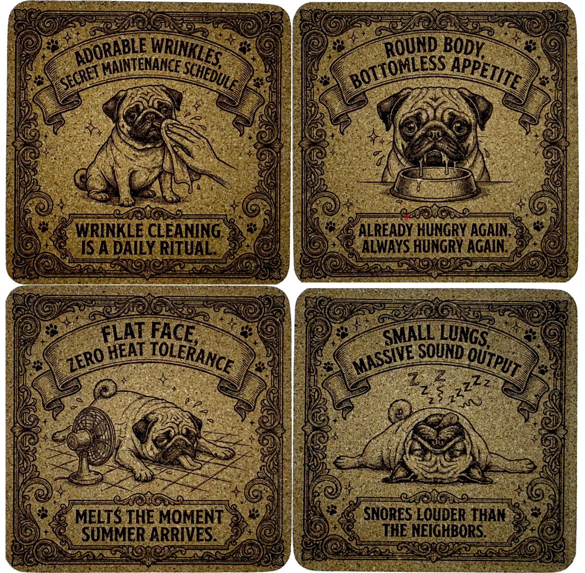 Four square decorative coasters arranged in a 2x2 grid on a plain white background. Each coaster has a vintage-style illustrated dog and humorous text related to dog care and behavior.