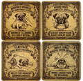 Four square decorative coasters arranged in a 2x2 grid on a white background. Each coaster features a vintage-style illustrated pug with humorous dog-related text in a distressed tan and dark brown design.