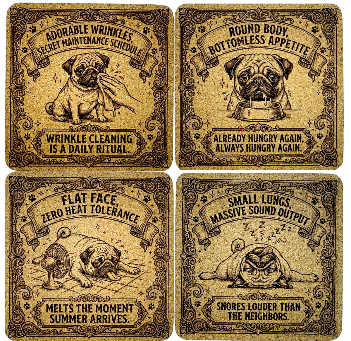 Four square decorative coasters arranged in a 2x2 grid on a white background. Each coaster features a vintage-style illustrated pug with humorous dog-related text in a distressed tan and dark brown design.