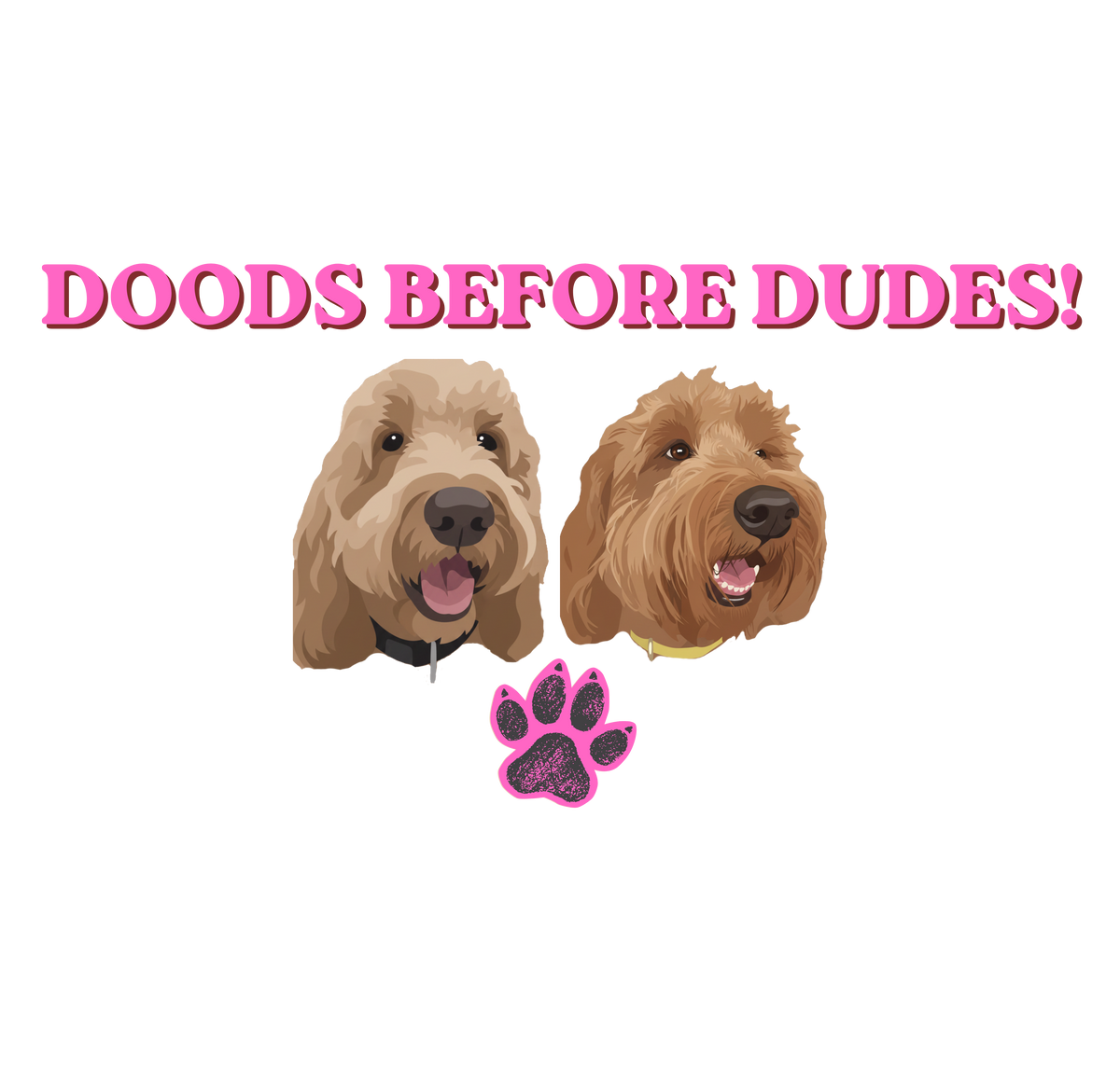 Doods Before Dudes hot pink Goldendoodle vinyl sticker two doodle faces glitter paw