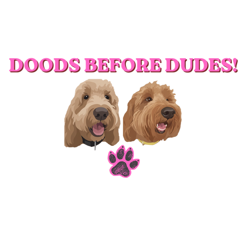 Doods Before Dudes hot pink Goldendoodle vinyl sticker two doodle faces glitter paw