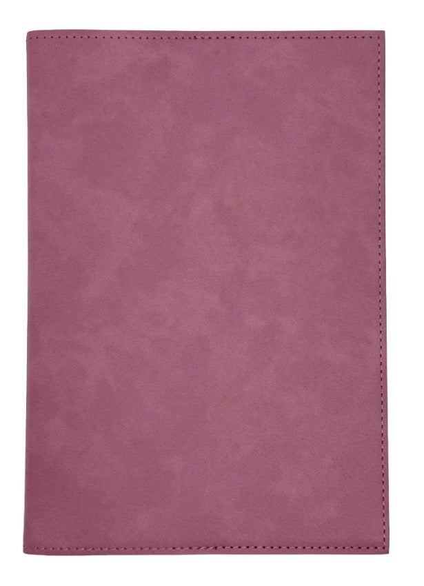 A rectangular dusty rose faux-leather sleeve or cover with rounded corners and visible stitching along the edges, shown against a plain white background.
