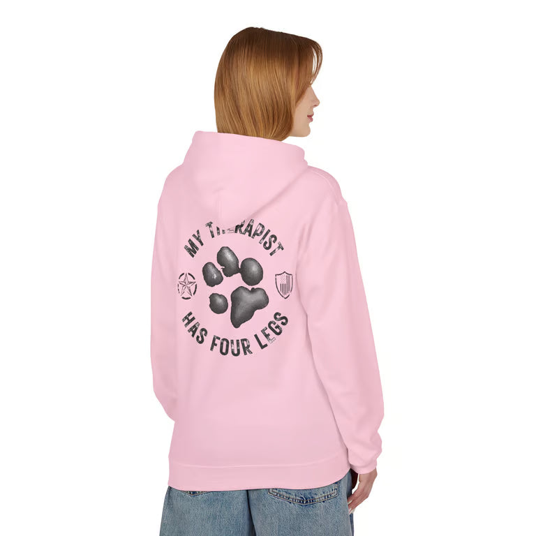 My Therapist Has Four Legs Hoodie — Front & Back Military Dog Pullover | Veteran Dog Lover Gift, Patriotic Dog Dad Hoodie | Army Dog Mom Gift Hoodie