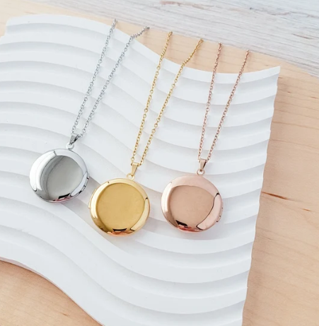 "Round photo locket necklace that opens, in gold, silver, and rose gold stainless steel"