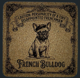 Funny French Bulldog Cork Coasters | Engraved Vintage-Style Dog Coasters | Frenchie Owner Gift